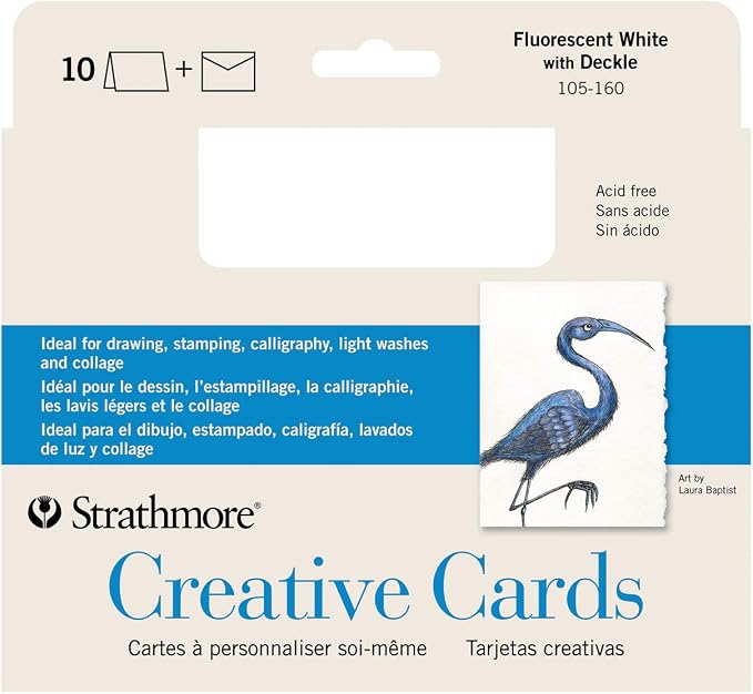 Strathmore Creative Cards, Flourescent White with Deckle Edge, 5x6.875 inches, 10 Pack, Envelopes Included - Blank Greeting Cards for Weddings, Events, Birthdays