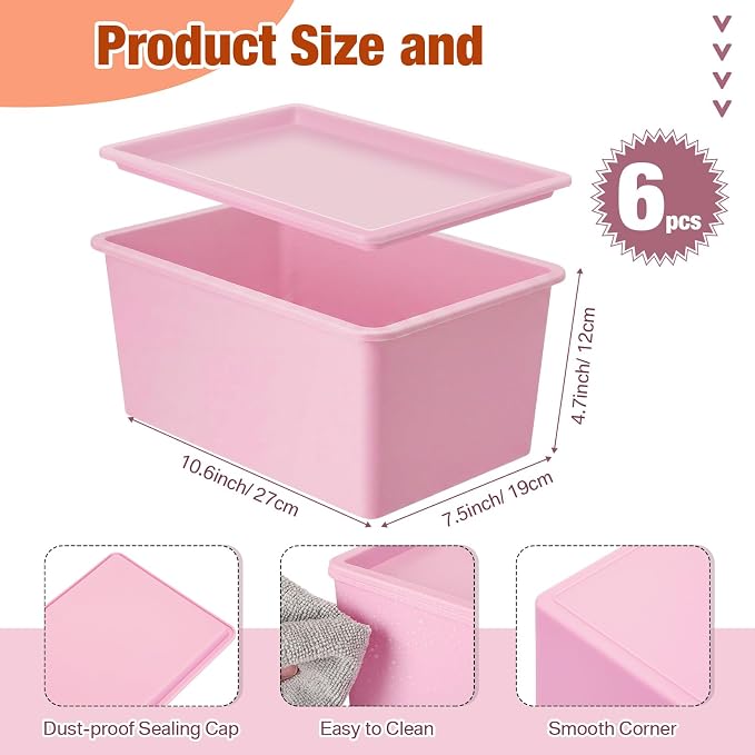 Menkxi 6 Pcs Storage Bins with Lids Small Plastic Storage Containers Stackable Storing Baskets Box Cute Organizer Bins for Organizing Shelves (Pink,Purple)