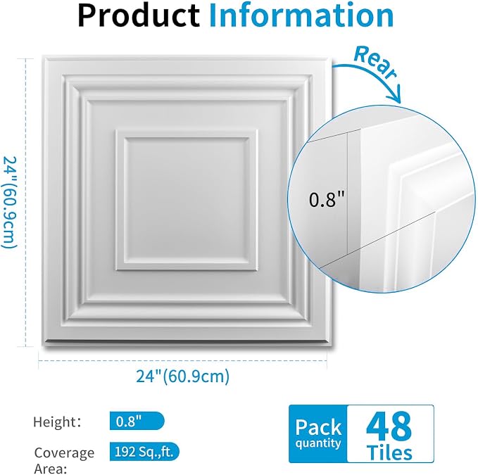 Art3d 48 Pack PVC Ceiling Tiles 24x24 Inches Waterproof Drop Ceiling Tiles/Wall Panels for Interior Wall Decor, Covers 192 Sq.,ft, Pure White