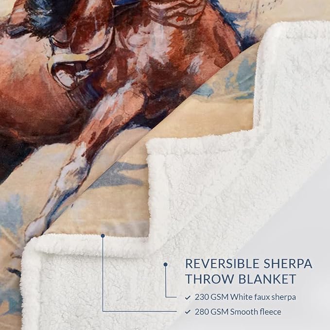 Paseo Road Indigo Hill by HiEnd Accents Buster 54x68 Cream Throw Blanket | Cowboy Horse Print, Rustic Southwestern Rodeo-Style Western Sherpa Fleece Blanket for Camping Outdoors