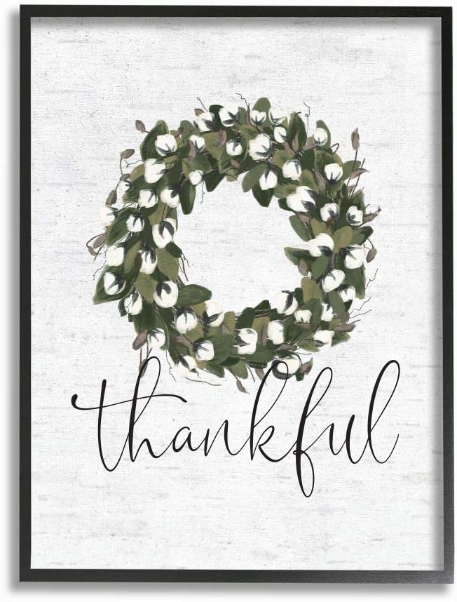 Thankful Cotton Wreath Botanical Accent, 16 x 20 Inch Framed Giclée Print | Stupell Industries | Black, 16 x 20 Inches, Easy to Hang and Sturdy, Made in USA, by Lettered and Lined