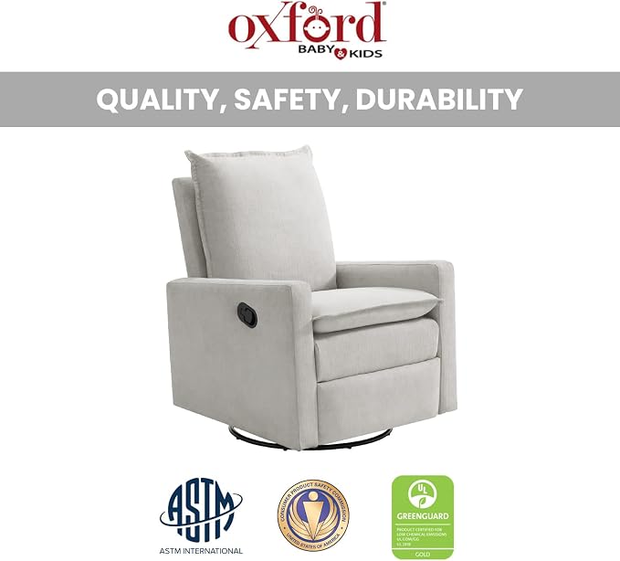 Oxford Baby Uptown Upholstered Glider Recliner Rocking Chair 360° Swivel for Nursery and Living Room - Sand, Green Guard Gold Certified