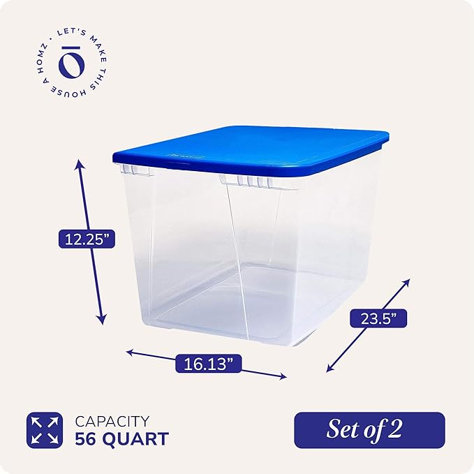 HOMZ Snaplock Clear Plastic Bin 56 Quart/14 Gallon | Storage Tote with Secure Lid | for Home, Office, Garage, Dorm Room Organizer | Stackable & Nestable | Blue Lid, Pack of 2