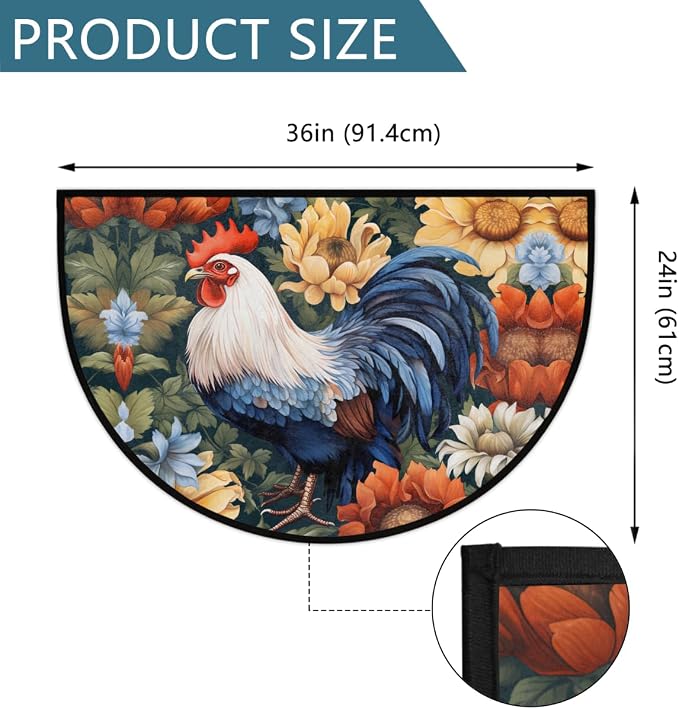 cfpolar Animals Rooster Sunflowers Half Round Door Mat Outdoor Entrance Large 24"x36" Half Circle Welcome Entrance Way Mat Semi Circular Front Door Mat Area Rug for Garage, Patio, High Traffic Areas