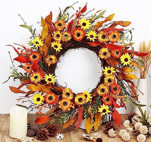 20" Artificial Fall Floral Wreath Orange Daisy Autumn Wreath Wildflowers Wreath for Front Door Wall Window Farmhouse Indoor Outdoor Decoration Thanksgiving Harvest Festival Celebration by GaoMon