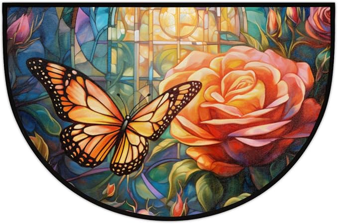 Butterfly Glass Morocco Half Round Door Mat Intdoor Entrance 36x24 Inch, Non-Slip Welcome Mat for Outdoor Semi Circle Bathroom Floor Rugs,House Entry Way Heavy Duty Doormat for Kitchen Living Room