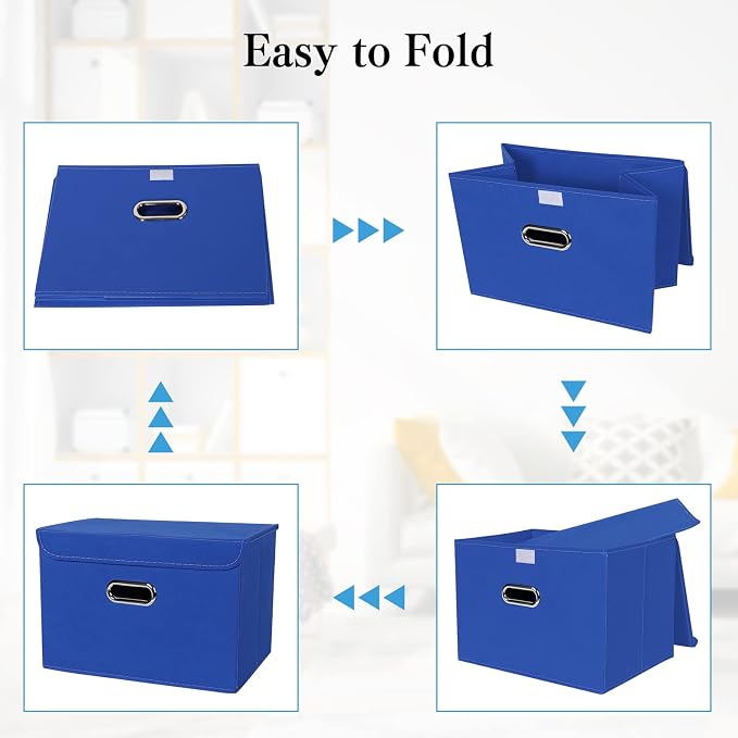 STOREONE Fabric Storage Cube Bins Foldable Organizer Container Collapsible Basket with Lids and Metal Handles, for Home, Bedroom, Closet 3 Pcs (Dark Blue)