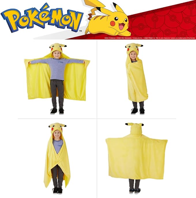 Pokemon Pikachu Hooded Throw - Kids Bedding Super Soft Throw Blanket - 30 in x 50 in, (Officially Licensed Product) by Franco