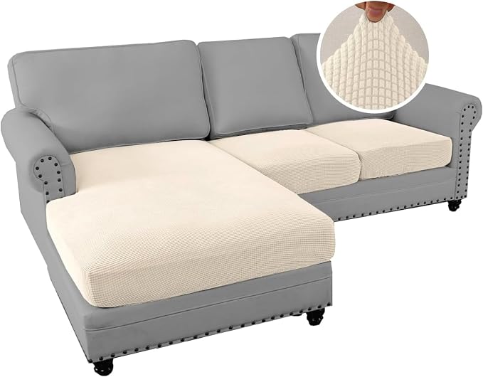 H.VERSAILTEX Sectional Couch Covers 3 Pieces Sofa Seat Cushion Covers L Shape Separate Cushion Couch Chaise Cover for Both Left/Right Sectional Couch (Seat Only: 1 Chaise + 2 Sofa, Cream)