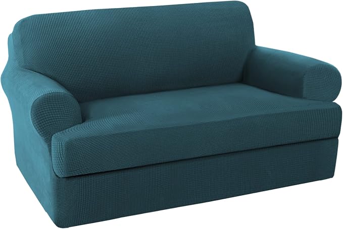 H.VERSAILTEX Loveseat Slipcover 2 Piece Stretch Loveseat Cover Couch Cover|Sofa Cover Suit for T Cushion/Box Cushion, Feature Small Checked Jacquard (58"-70", Deep Teal)