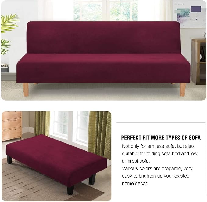 H.VERSAILTEX Real Velvet Futon Cover Armless Sofa Covers Sofa Bed Covers Stretch Futon Couch Cover Sofa Slipcover Furniture Protector Thick Soft Velvet Fabric Form Fitted Stay in Place, Wine/Burgundy
