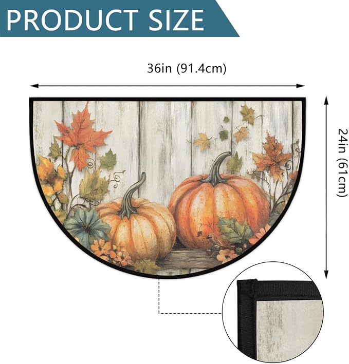 Pardick Half Round Door Mat Vintage Pumpkin Wood Anti-Slip Semi Circle Rug 24X36 Entrance Welcome Mats Indoor Outdoor Door Mat, Washable Decorative Floor Mats for Kitchen Bathroom Hearth Fireplace