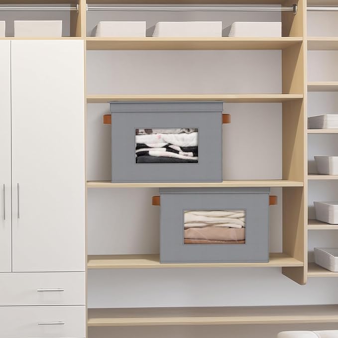Univivi Storage Bins with Lids Collapsible Foldable Closet Storage Boxes for Clothes [3-Pack] Containers boxes with Handles Closet Storage for Home, Office, Bedroom (Grey,17" x 12"x 12") | 17 x 12 x 12 In Foldable Storage Boxes with Handles, Clear Wind...