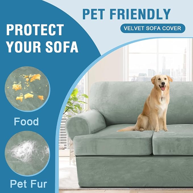 H.VERSAILTEX Sofa Cover 3 Piece T Cushion Loveseat Slipcovers Thick Velvet Couch Cover Stretch T Cushion Sofa Covers for 2 Cushion Couch with 2 Individual T Cushion Covers Washable, Sea Grass