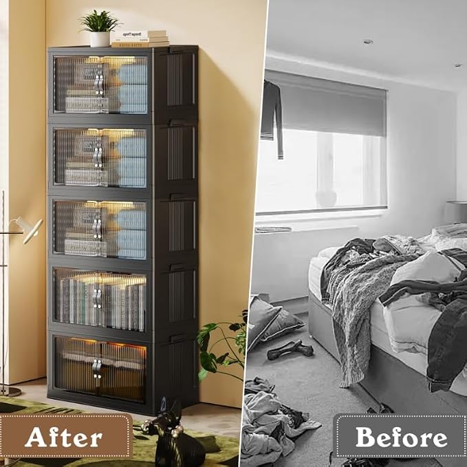 SAILUN 145Gal/580Qt Collapsible & Stackable Storage Bins with Door & a Lid,Perfect for Blanket Storage, Pillow Organizer, Bedroom Closet & Living Room, Black 26" W x 17" D x 71" H