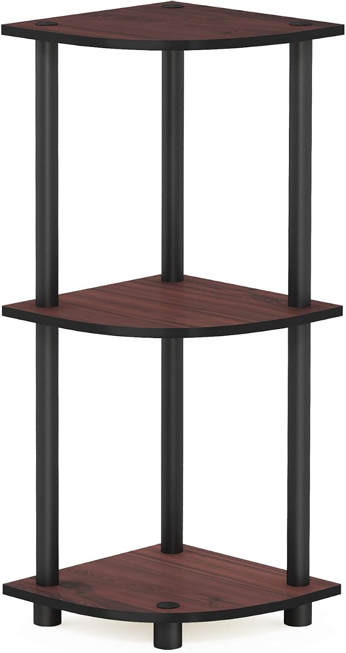 Furinno TURN-N-TUBE Corner Shelf, 3-Tier Corner Bookshelf, Display Storage Shelves with Open Shelves, for Organization and Storage, Living Room, Home Office, Garage, Dark Cherry