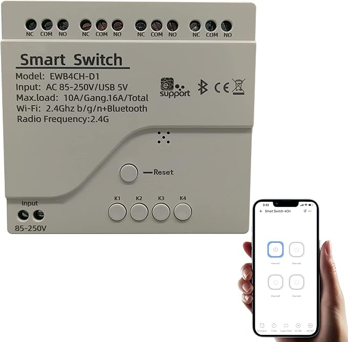 4 Channel Smart WiFi Relay Switching Module USB 5V/AC85V-250V, Supports Bluetooth Control, eWeLink App Remote Control, for Alexa Google Home