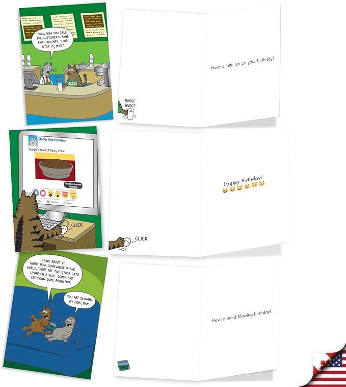NobleWorks 20 Assorted Box Set Funny Birthday Greeting Cards w/ 5 x 7 Envelopes For Men Women (10x2 Designs) Scott Metzger's Cat Toons AC2696BDG-B2x10