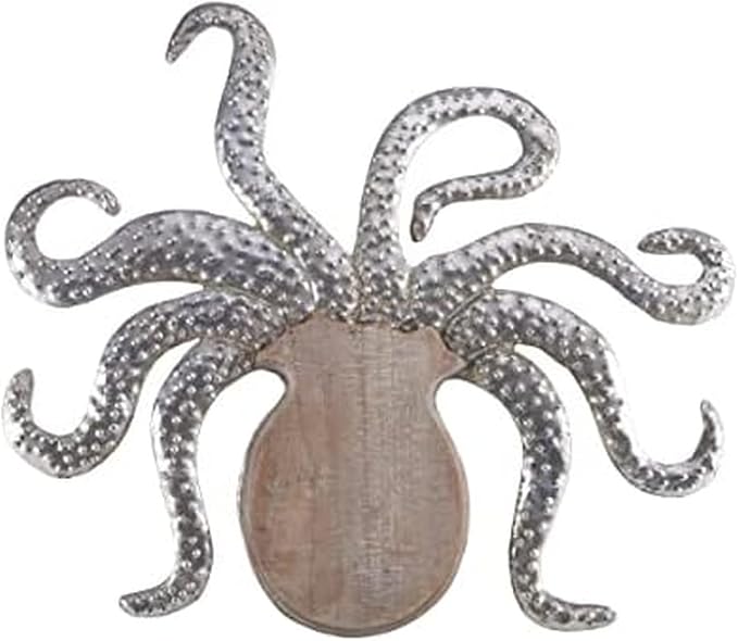 Elements Metal and Wood Octopus Wall Decor - 22 x 19 Inch Coastal Nautical Art Piece with Elegant Metal Tentacle Details - Neutral Tone Wooden Ocean Wall Art for Living Room, Bedroom, or Bathroom