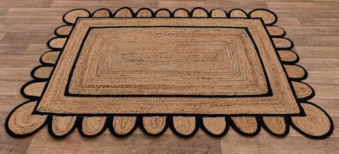 Scalloped Natural Jute Area Rug for Bedroom Living Room, Kitchen, Patio, Hallway, Entryway, Indoor, Outdoor, Farmhouse, Morden Carpet, Door Mat Black, 2x3 ft.