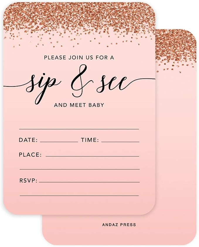 Andaz Press Blush Pink and Rose Gold Glitter Elegant Party Collection, 5x7-inch Invitations with Envelopes, Sip and See Baby Shower, 24-Pack, Double Sided Printing, Heavy Card Stock