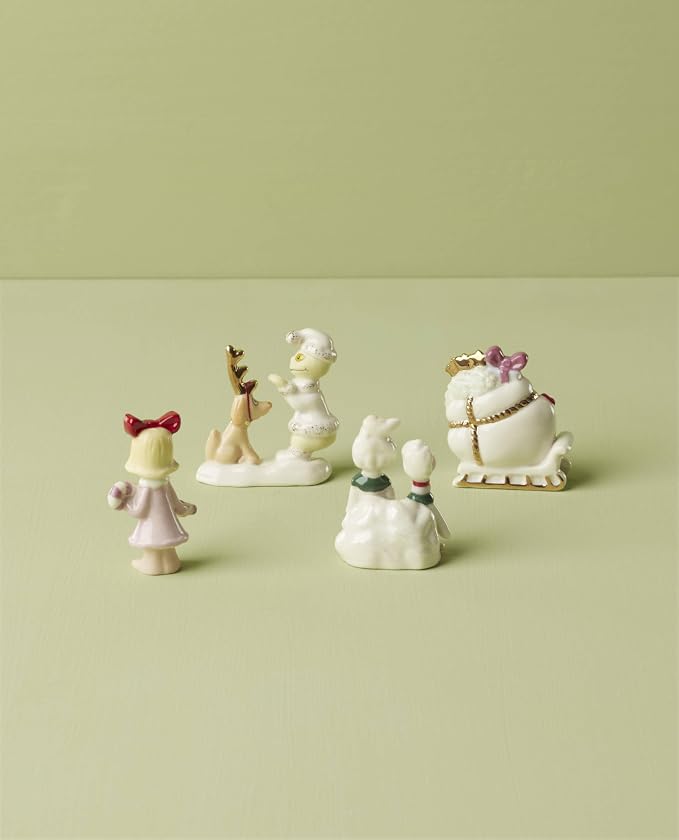 Lenox Dr. Seuss Who-Ville Accessories 4-Piece Christmas Figurine Set | porcelain with 24k gold accents | includes grinch, max, cindy lou who, and carolers | collectible gift for grinch fans
