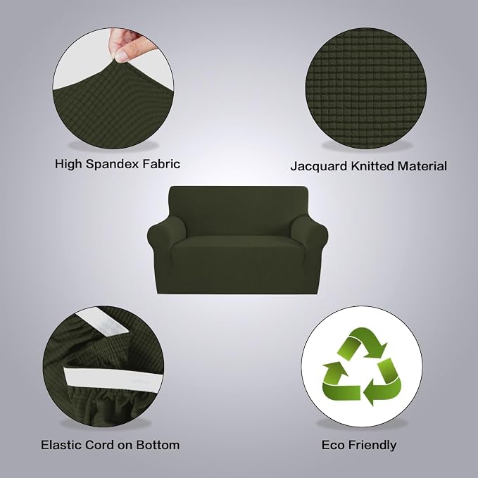 H.VERSAILTEX Stretch Couch Cover Loveseat Covers for 2 Cushion Couch Sofa Slipcover for Love Seat 1 Piece with Elastic Bottom, Checked Jacquard Fabric(Loveseat 58"-70" Wide, Olive)