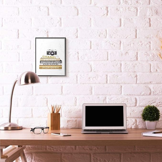 Stupell Industries 'Camera Gold Black Bookstack'| Framed Giclee Art | Stupell Industries | Black, 11 x 14 Inches, Easy to Hang and Sturdy, Made in USA, by Amanda Greenwood