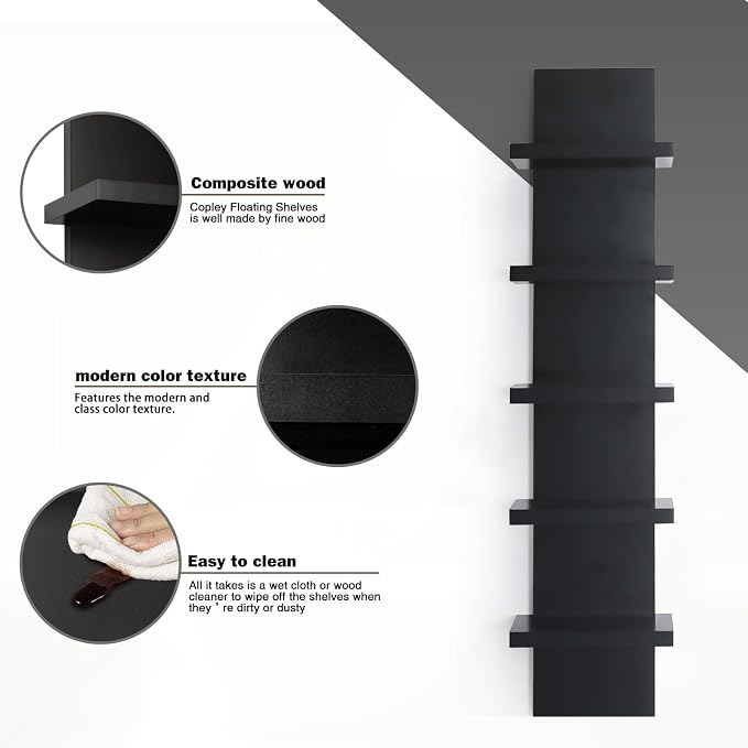 5 Tier Wall Shelves Black, Vertical Column Shelf Floating Storage Home Decor Organizer Design Utility Shelving Bedroom Living Room, 30.7