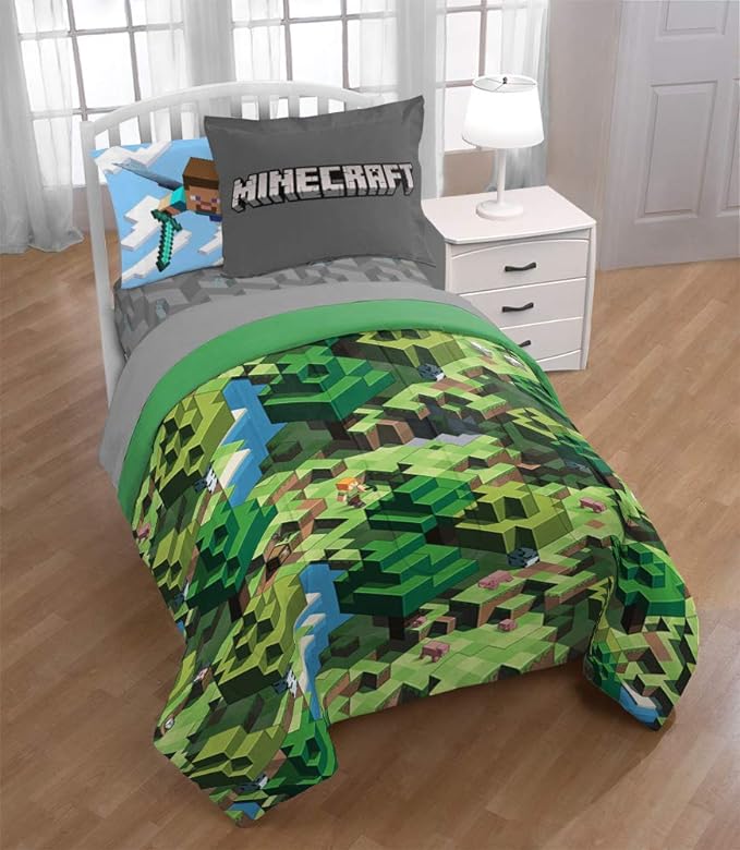 Minecraft Creeper Full Size Comforter Set 7 Piece Kids Bedding, Green | Video Gaming, Bed in a Bag, Comforter Sheets Shams Pillowcases, Official Product, Microfiber, Machine Washable, Boys Gift