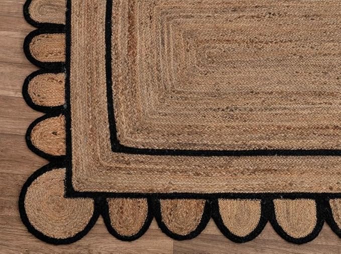 Scalloped Natural Jute Area Rug for Bedroom Living Room, Kitchen, Patio, Hallway, Entryway, Indoor, Outdoor, Farmhouse, Morden Carpet, Door Mat Black, 2x3 ft.