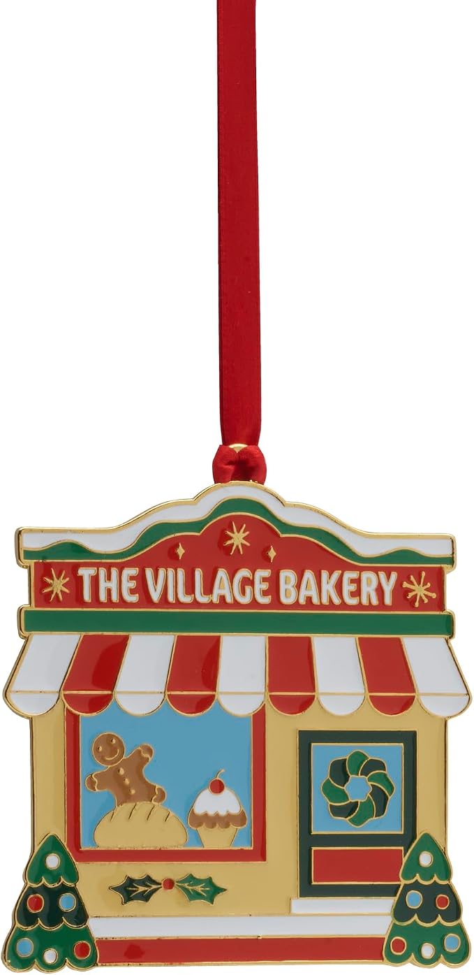 Wallace 2025 Gold-Plated Enamel Christmas Village Bakery Ornament - 2nd Edition Annual Collectible Series - 24K Gold Back, Dated, Gift Box and Velvet Pouch Included
