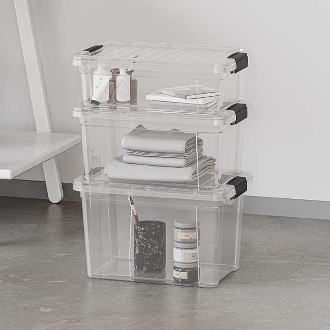 Superio Small Flat Clear Storage Boxes with Lids, 4.5 Quart Plastic Container Bins for Organizing, Stackable Crates, BPA Free, Non-Toxic, Odor Free, Home, Office, School & Dorm Organizer, 2 Pack