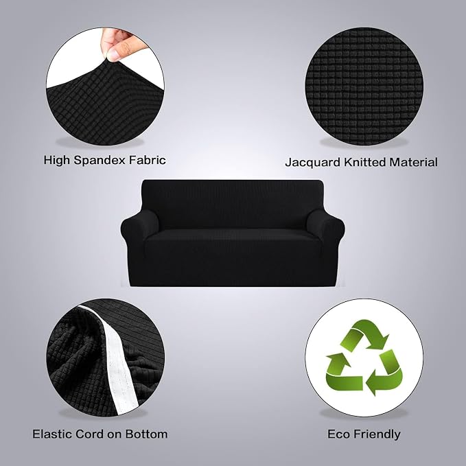 H.VERSAILTEX Stretch Couch Covers for Sofa 1 Piece Slipcovers for Couches and Sofas 3 Seater Couch Cover Feature Thick Checked Jacquard Fabric with Elastic Bottom(Large Sofa 90"-100" Wide, Black)