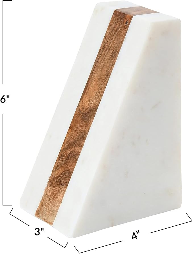 Main + Mesa Marble Geometric Bookends with Wood Inlay, White