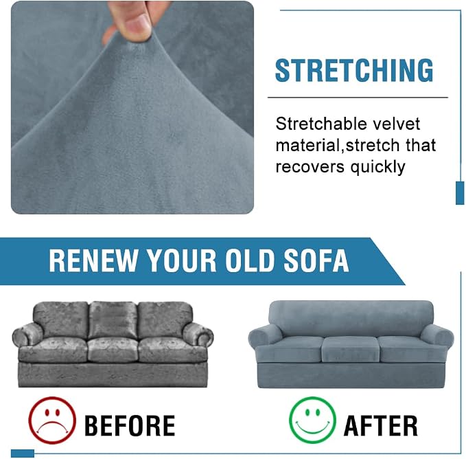 H.VERSAILTEX Sofa Cover 4 Piece T Cushion Sofa Slipcovers Thick Velvet Couch Cover Furniture Protector Stretch Sofa Covers for 3 Cushion Couch with 3 Individual Covers Washable, Stone Blue