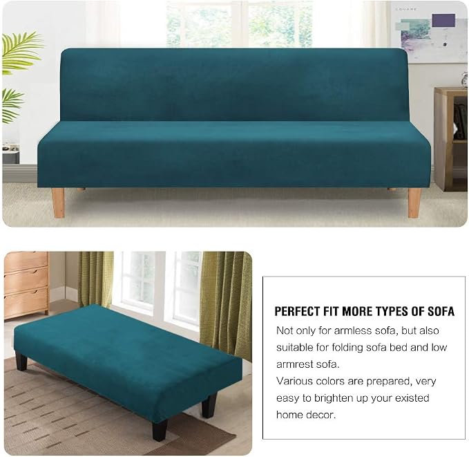 H.VERSAILTEX Real Velvet Futon Cover Armless Sofa Covers Sofa Bed Covers Stretch Futon Couch Cover Sofa Slipcover Furniture Protector Thick Soft Velvet Fabric Form Fitted Stay in Place, Deep Teal