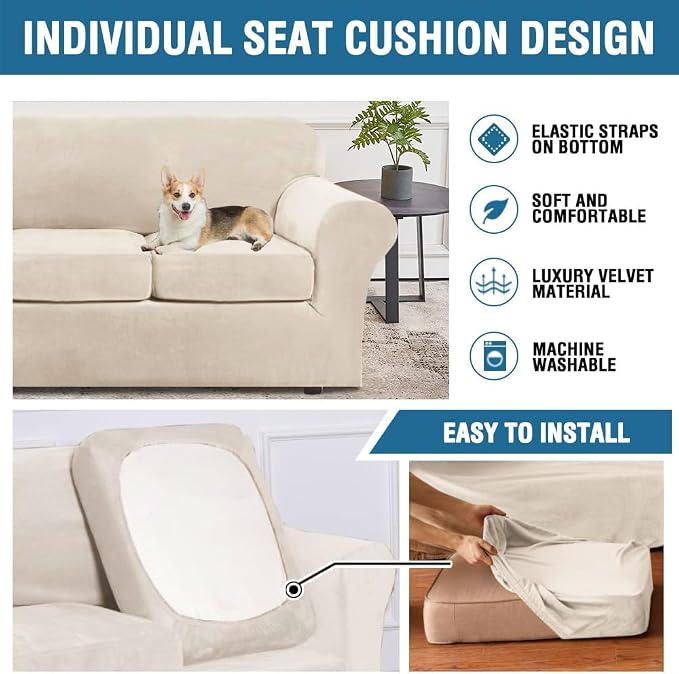 H.VERSAILTEX Rich Velvet Stretch 2 Piece Cover Chair Slipcover Sofa Cover Furniture Protector Couch Soft with Elastic Bottom Couch Cover Width Up to 49 Inch 85% Polyester 15% Spandex (Chair, Cream)