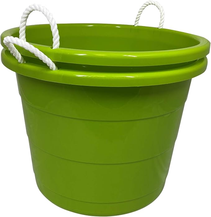 Homz 2 Pack of 17 Gallon Storage Buckets, Durable Plastic Containers, Sturdy Rope Handles, Large Tubs for Sports Equipment, Party Cooler, Gardening, Toys and Laundry, Bold Lime