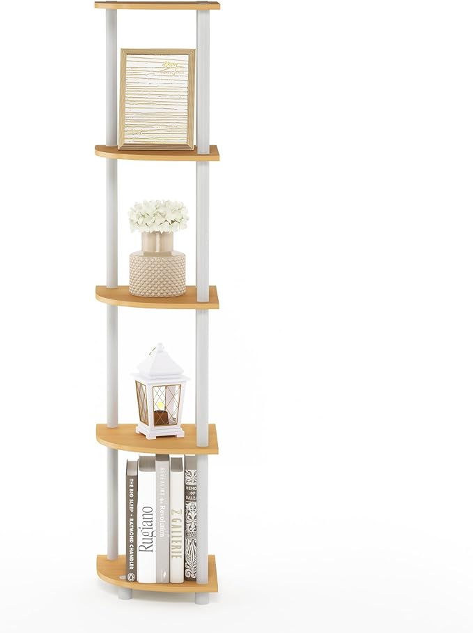 Furinno TURN-N-TUBE Corner Shelf, 5-Tier Corner Bookshelf, Open Storage Shelves, for Organization and Storage, Living Room, Home Office, Garage, Bedroom, Beech