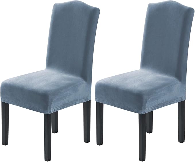 H.VERSAILTEX Velvet Dining Chair Covers Stretch Chair Covers for Dining Room Set of 2 Parson Chair Slipcovers Chair Protectors Covers Dining, Soft Thick Solid Velvet Fabric Washable, Stone Blue