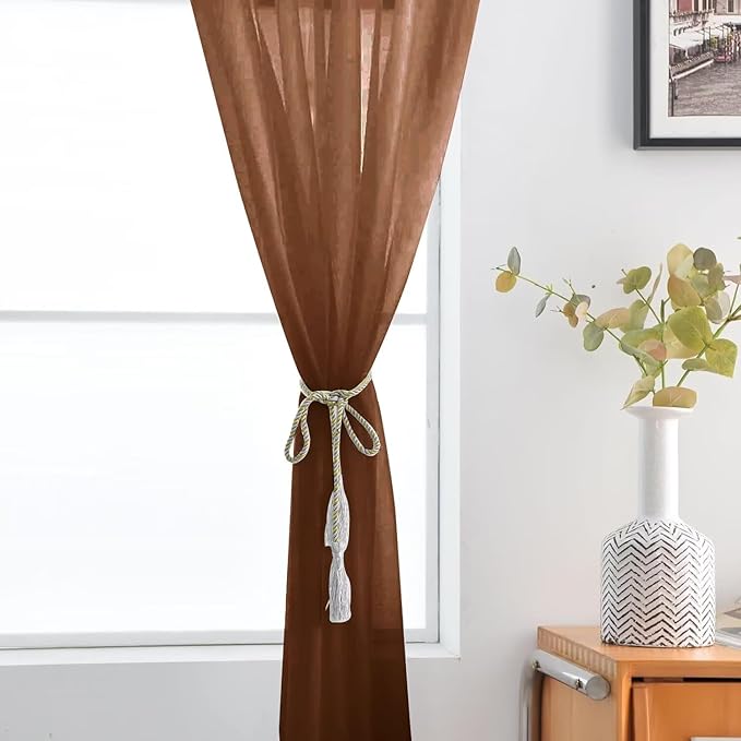 SpaceDresser Brown Sheer Curtains 4 Panels Rod Pocket Semi-Sheer Curtain 108 Inches Long Light Filtering Voile Window Drapes for Bedroom Living Room Kitchen, Each 52W x 108L