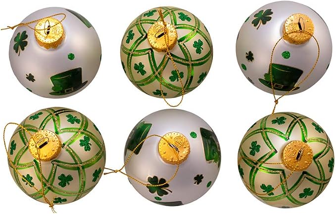 Kurt Adler 80MM Silver and Light Green St. Patrick Glass Ball Ornaments, 6 Piece Box