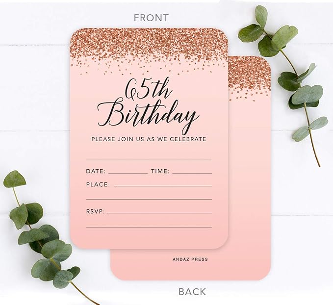 Andaz Press Blush Pink and Rose Gold Glitter Elegant Party Collection, 5x7-inch Invitations with Envelopes, 65th Birthday, 24-Pack, Double Sided Printing, Heavy Card Stock, Includes Envelopes