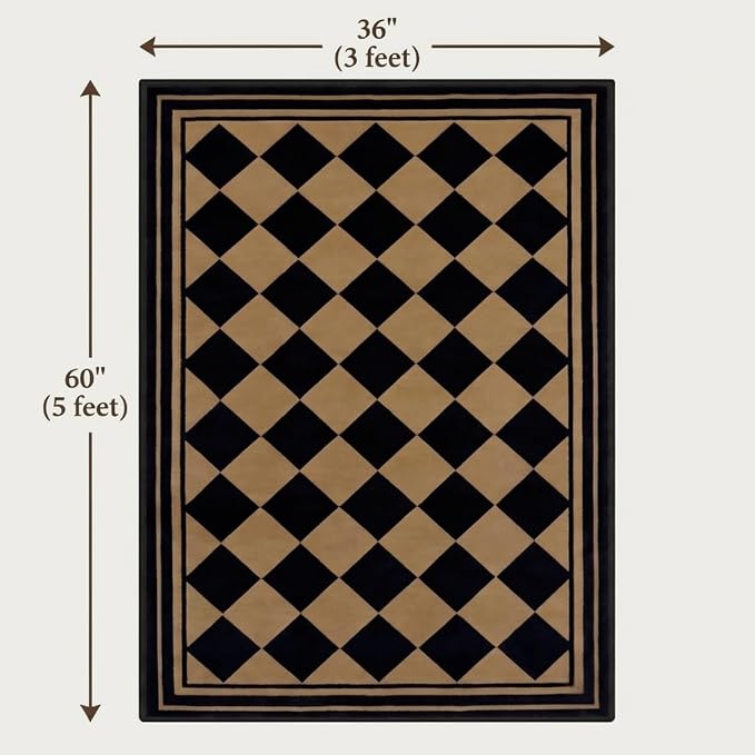 Checkered Rug 3x5, Washable Non-Slip Checkerboard Rug, Black and Tan Diamond Neutral Farmhouse Style Mat for Entryway, Kitchen, Laundry Room, Patio, Porch