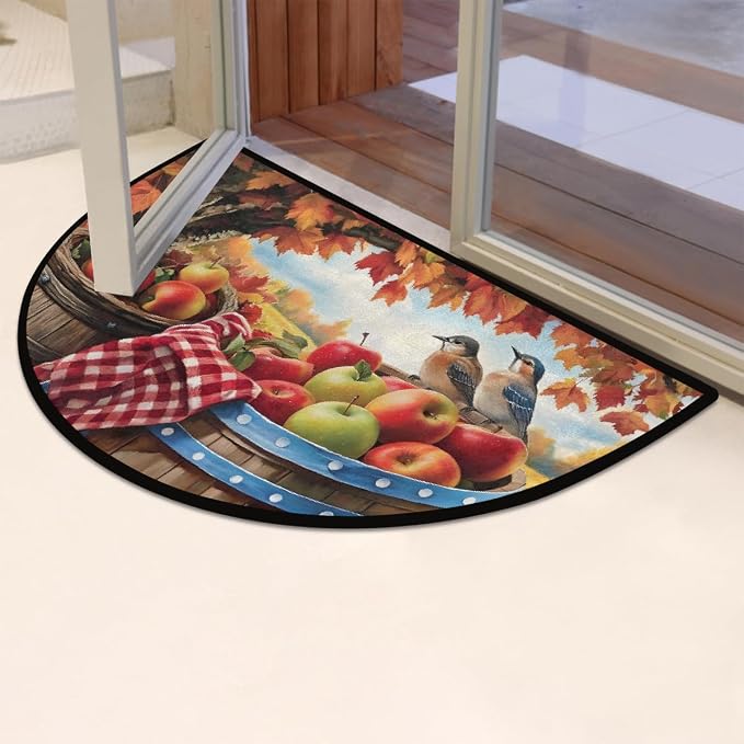 Autumn Half Round Doormat Non-Slip Semi Circle Rug Half Moon Mat | Bird Maple Apple Washable Soft Absorbent Indoor Outdoor Entrance Kitchen Bathroom Sink Patio Welcome Fireplace Floor Rug