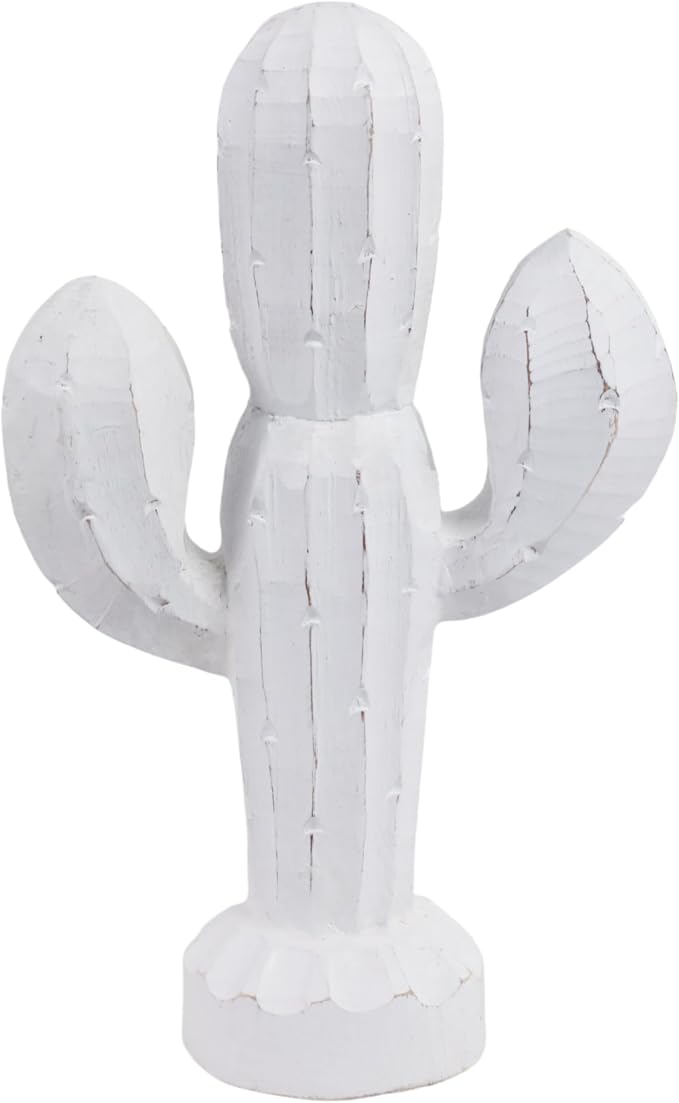 Wooden Cactus Statue – Room Decor Accent for Shelves and Tables, Indoor Home Decor for Living Room or Entryway, Modern Statue Silhouette for Sculptural Interest – 14", White