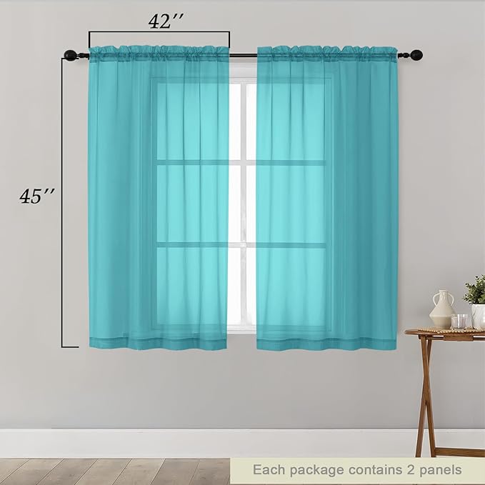 Turquoise Sheer Curtains for Bedroom Living Room 45 Inch Length 2 Panels - Image 2