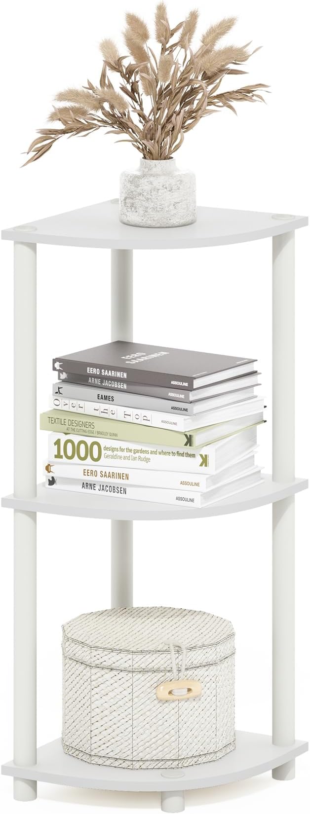 Furinno Turn-N-Tube Corner Shelf, 3-Tier Corner Bookshelf, Display Storage Shelves with Open Shelves, for Organization and Storage, Living Room, Home Office, Garage, White
