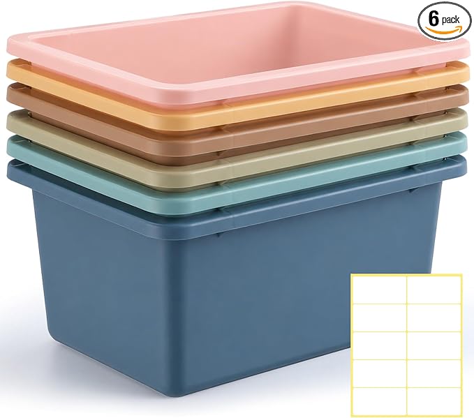 Thyle 6 Pieces Plastic Cubby Bins with Labels Classroom Book Bins Stackable Storage Container Durable Toy Storage Organizer Baskets for School Classroom Office (Classic,Morandi Color1)